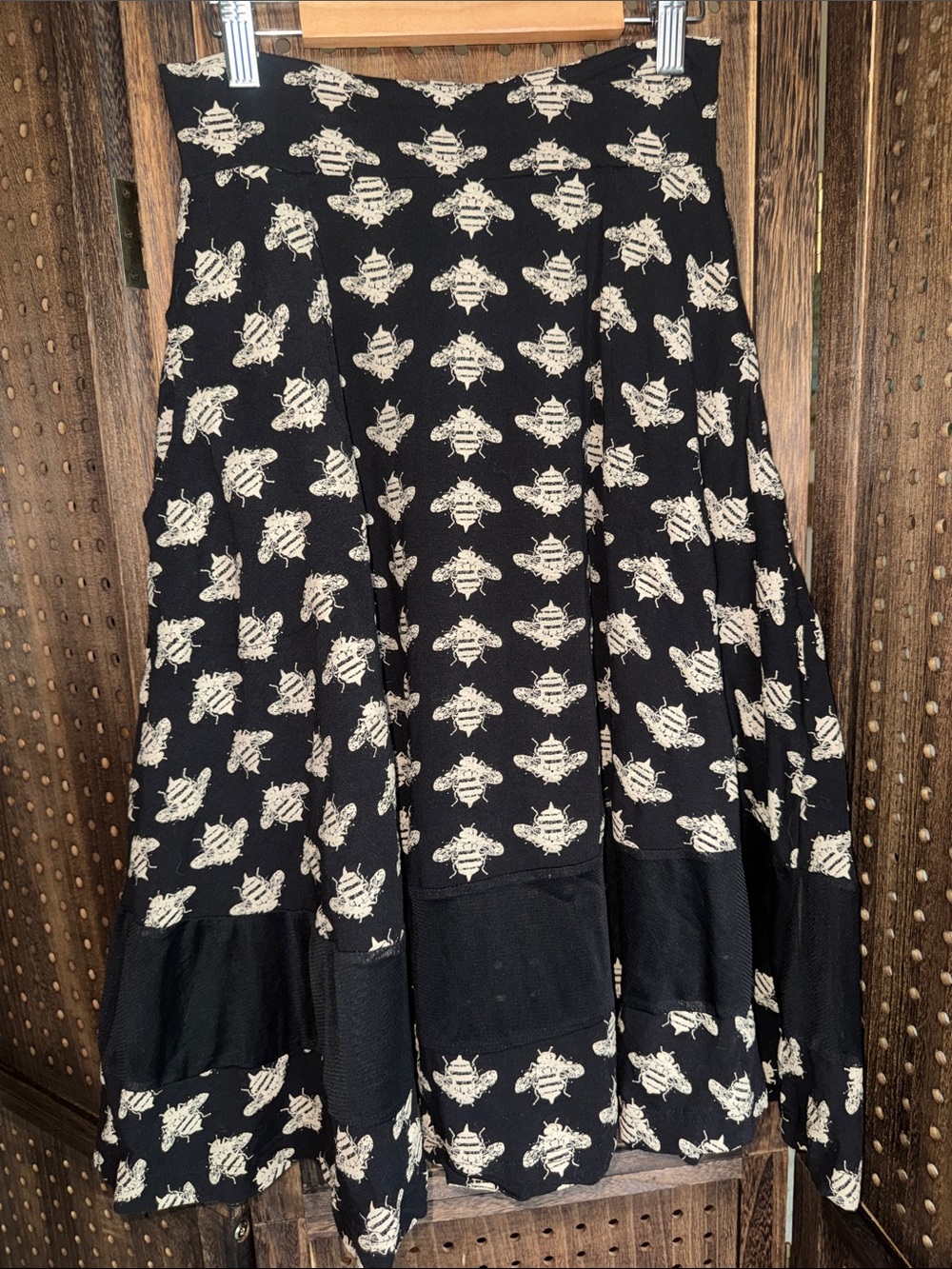 Retro Black Bee-Print Circle Midi Skirt Women's Small Cotton with Sheer Panel